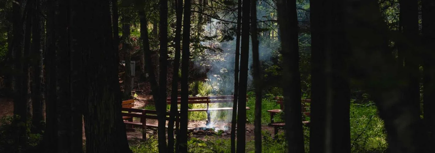 Camp de grandeur nature dans une clairière au crépuscule